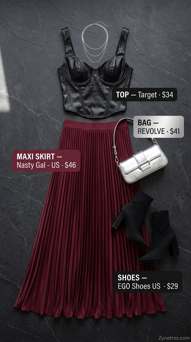 Burgundy Pleated Maxi Skirt Outfits Summer 2026 Edgy pleated maxi skirt outfit summer 2026 with corset top and ankle boots.