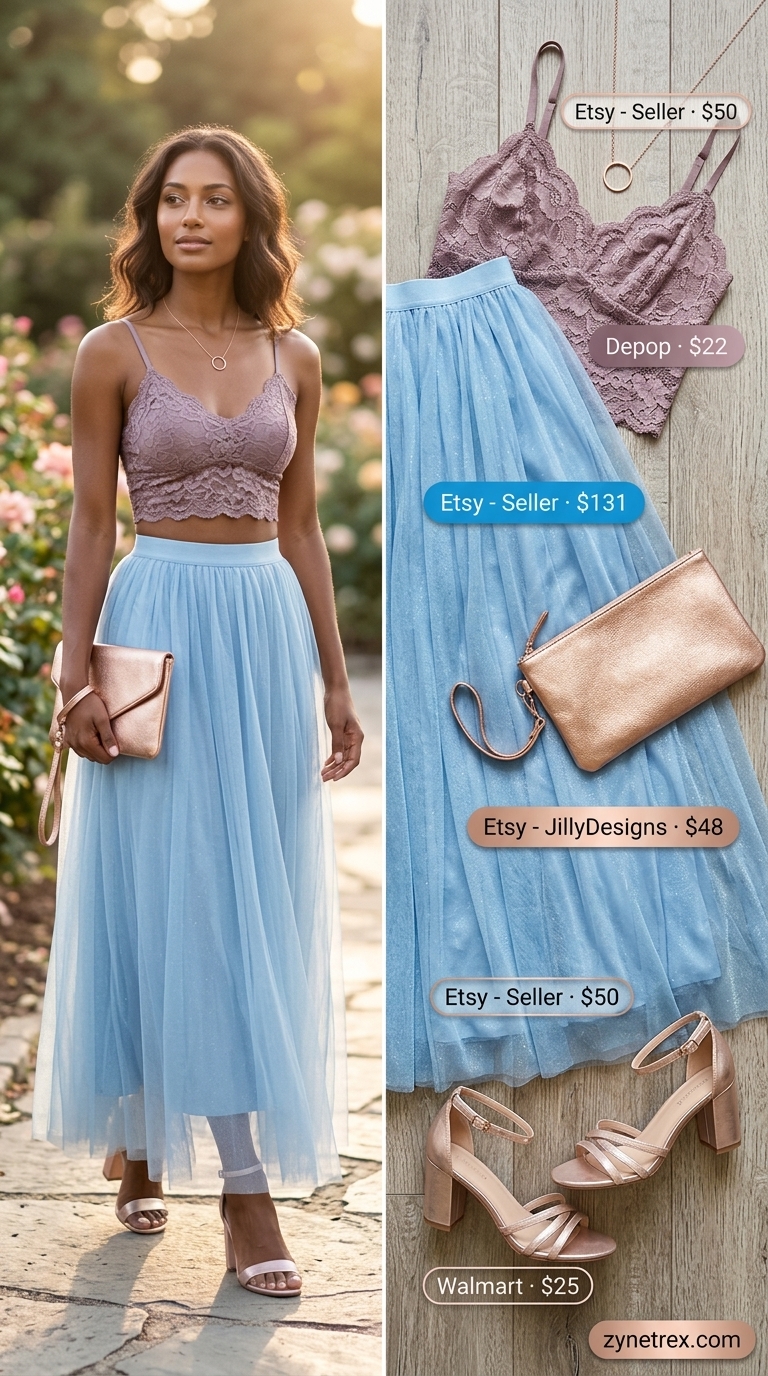 Ethereal Pleated Maxi Skirt Outfits Summer 2026 Garden party pleated maxi skirt outfit summer 2026 with lace cami and block heels.