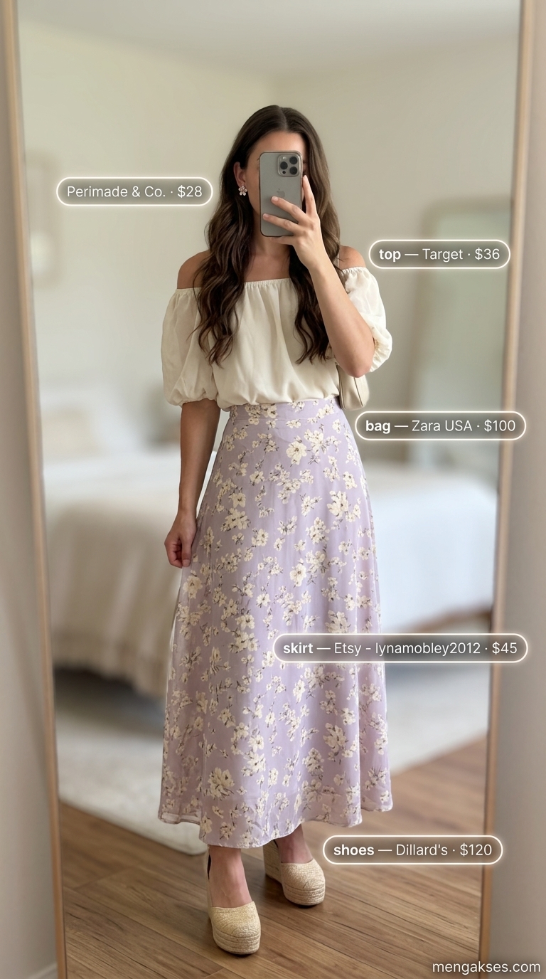 Dreamy Garden Pleated Maxi Skirt Outfits Summer 2026 Pleated maxi skirt outfits summer 2026: Lavender floral skirt, cream crop top, and espadrilles for a dreamy garden party.