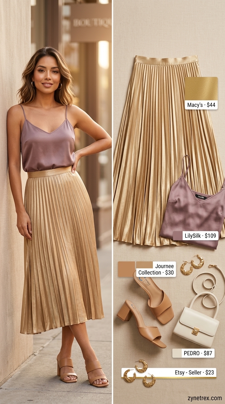Pleated Maxi Skirt Outfits Summer 2026: Radiant Brunch Style Gold satin pleated maxi skirt outfit for summer 2026, with an ivory camisole for a glamorous brunch.