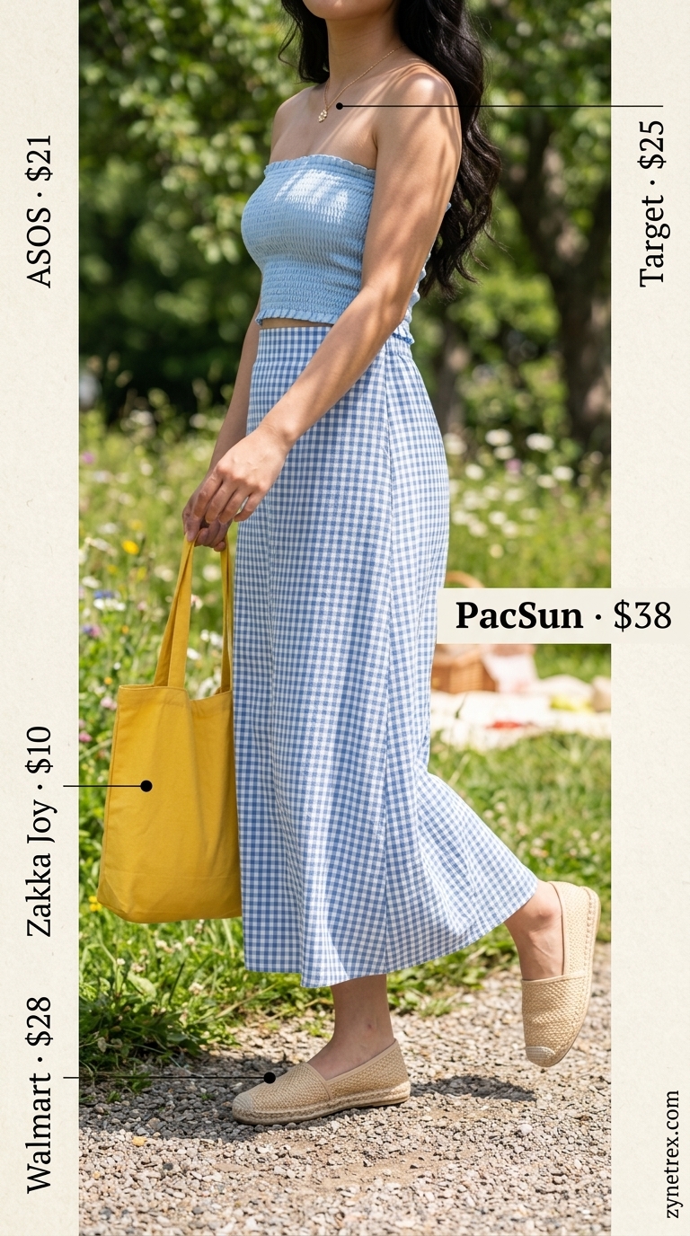 Picnic Pleated Maxi Skirt Outfits Summer 2026 Pleated maxi skirt outfits summer 2026: Baby blue gingham skirt, white bandeau top, and straw tote for a lakeside picnic.
