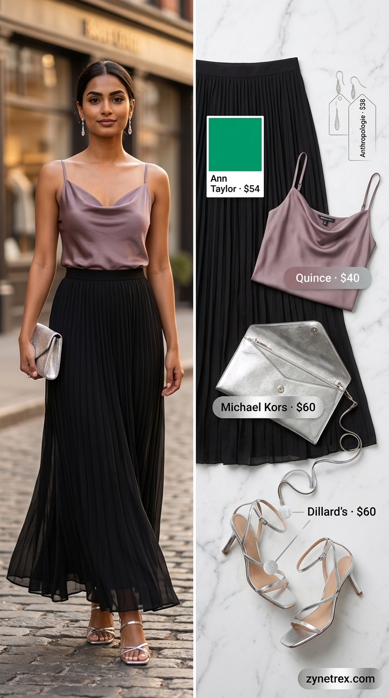 Pleated Maxi Skirt Outfits Summer 2026: Elegant Evening Style Black chiffon pleated maxi skirt outfit for summer 2026, paired with a satin camisole for a summer evening event.