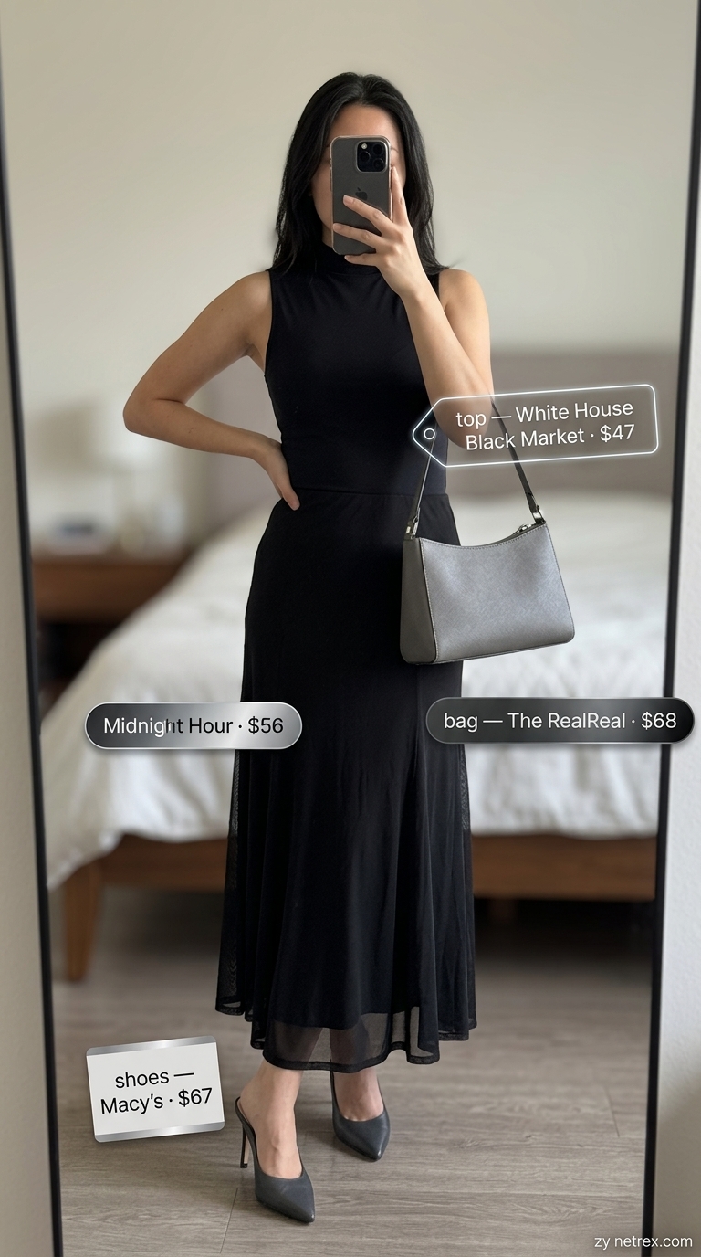 Pleated Maxi Skirt Outfits Summer 2026: Sleek Gallery Style Black sheer pleated maxi skirt outfit for summer 2026, with a mock neck top for an art gallery opening.