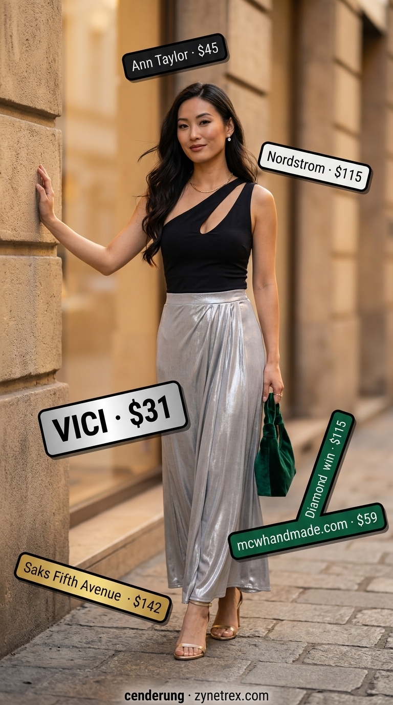 Pleated Maxi Skirt Outfits Summer 2026: Glamorous Soiree Style Silver metallic pleated maxi skirt outfit for summer 2026, paired with a black one-shoulder top for an evening party.