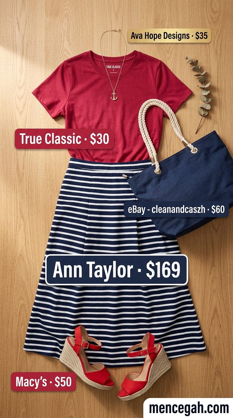 Pleated Maxi Skirt Outfits Summer 2026: Nautical Brunch Vibes Navy and white striped pleated maxi skirt outfit for summer 2026, with a white tee and espadrilles for coastal brunch.