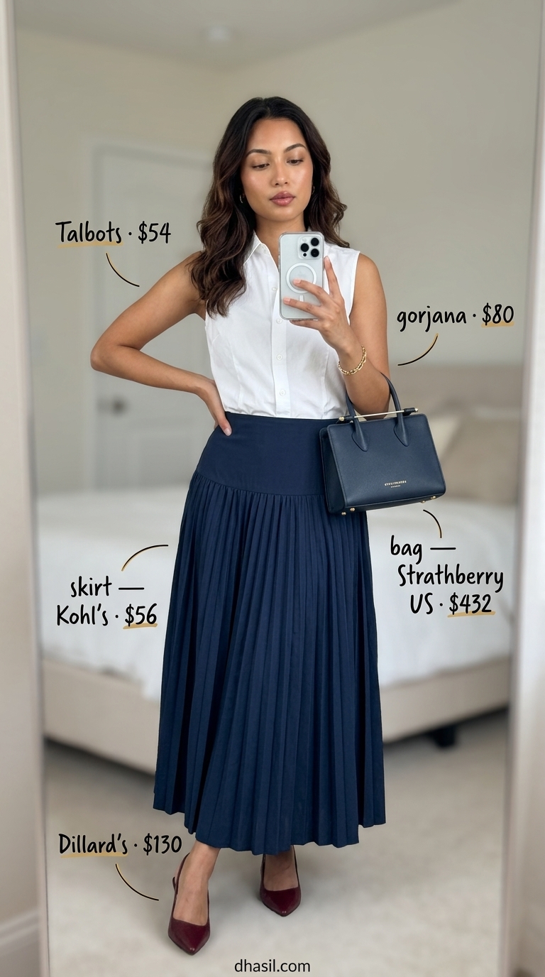 Nautical Pleated Maxi Skirt Outfits Summer 2026 Nautical pleated maxi skirt outfit summer 2026 with white blouse and mini bag.