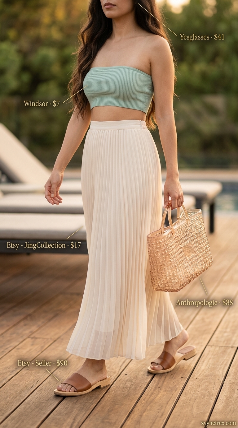 Poolside Pleated Maxi Skirt Outfits Summer 2026 Pleated maxi skirt outfits summer 2026: Mint green sheer skirt, white bandeau top, and wooden slides for poolside lounge.