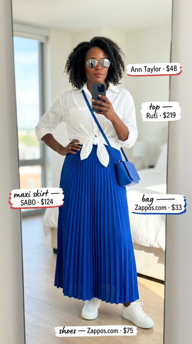 Pleated Maxi Skirt Outfits Summer 2026: Bold Resort Style Cobalt blue pleated maxi skirt outfit for summer 2026, with a white shirt and sneakers for a resort day out.
