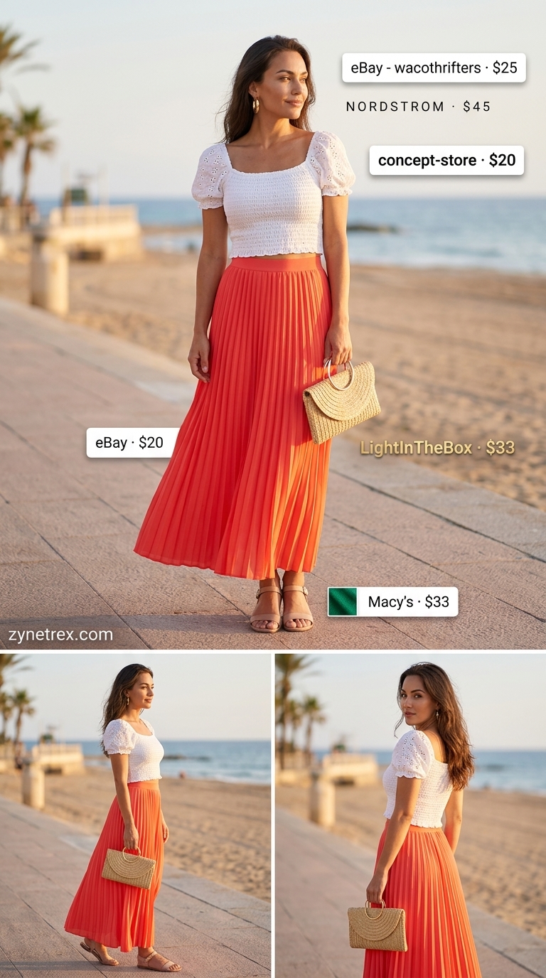 Tropical Pleated Maxi Skirt Outfits Summer 2026 Tropical pleated maxi skirt outfit summer 2026 with white peasant top and gold hoops.