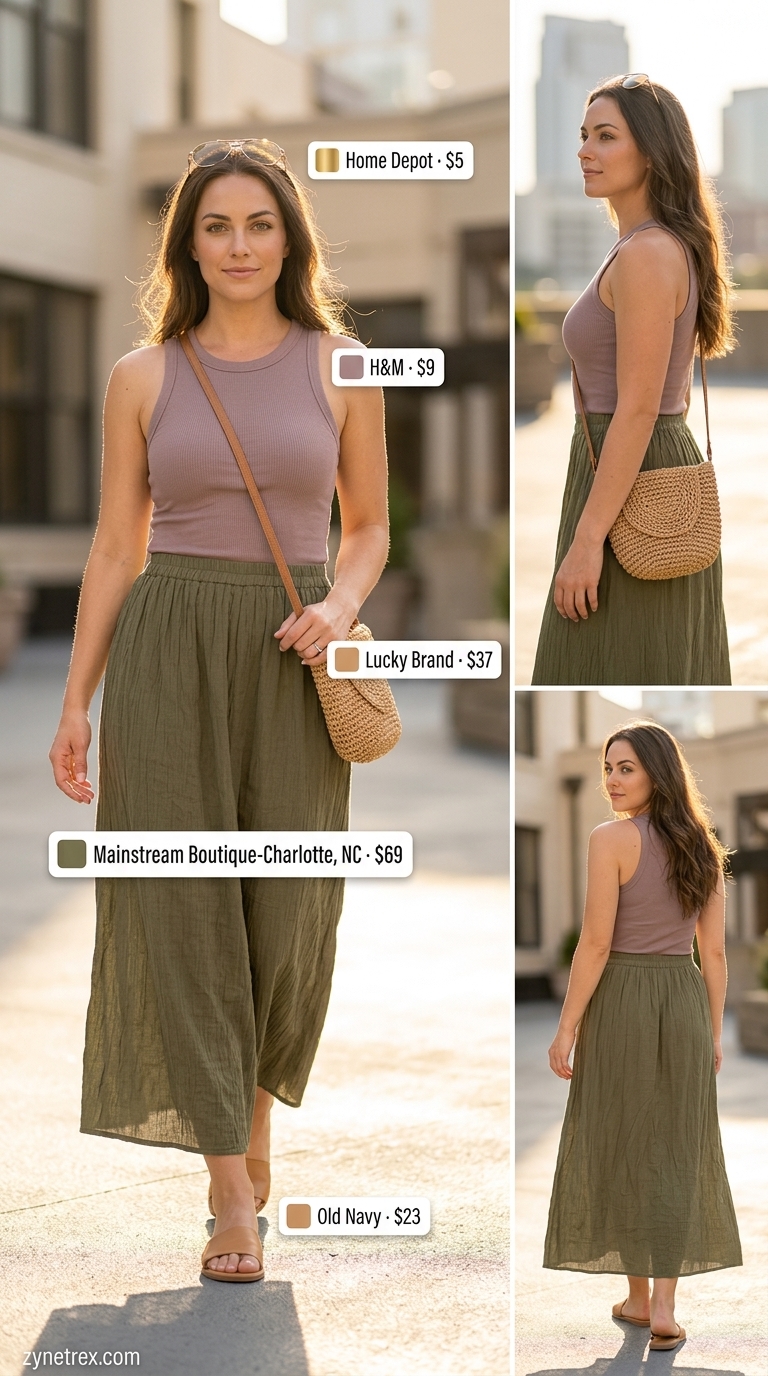 Pleated Maxi Skirt Outfits Summer 2026: Urban Explorer Chic Olive green pleated maxi skirt outfit for summer 2026, paired with a black tank and aviators for city sightseeing.