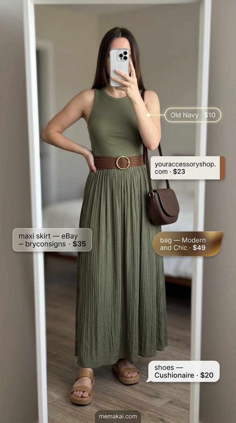 Safari Pleated Maxi Skirt Outfits Summer 2026 Urban safari pleated maxi skirt outfit summer 2026 with black tank and crossbody bag.