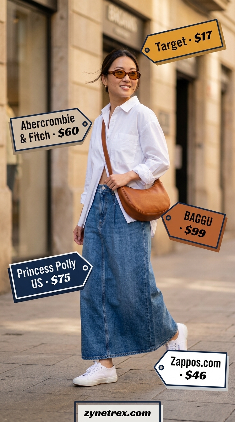 Casual Weekend Pleated Maxi Skirt Outfits Summer 2026 Pleated maxi skirt outfits summer 2026: Light blue denim skirt with white tank, oversized shirt, and sneakers for casual weekend.