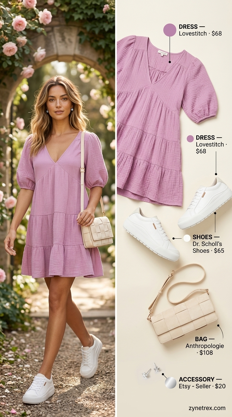 Lavender tiered cotton gauze mini dress with puff sleeves for a whimsical picnic date outfit. Summer cotton dresses 2026.