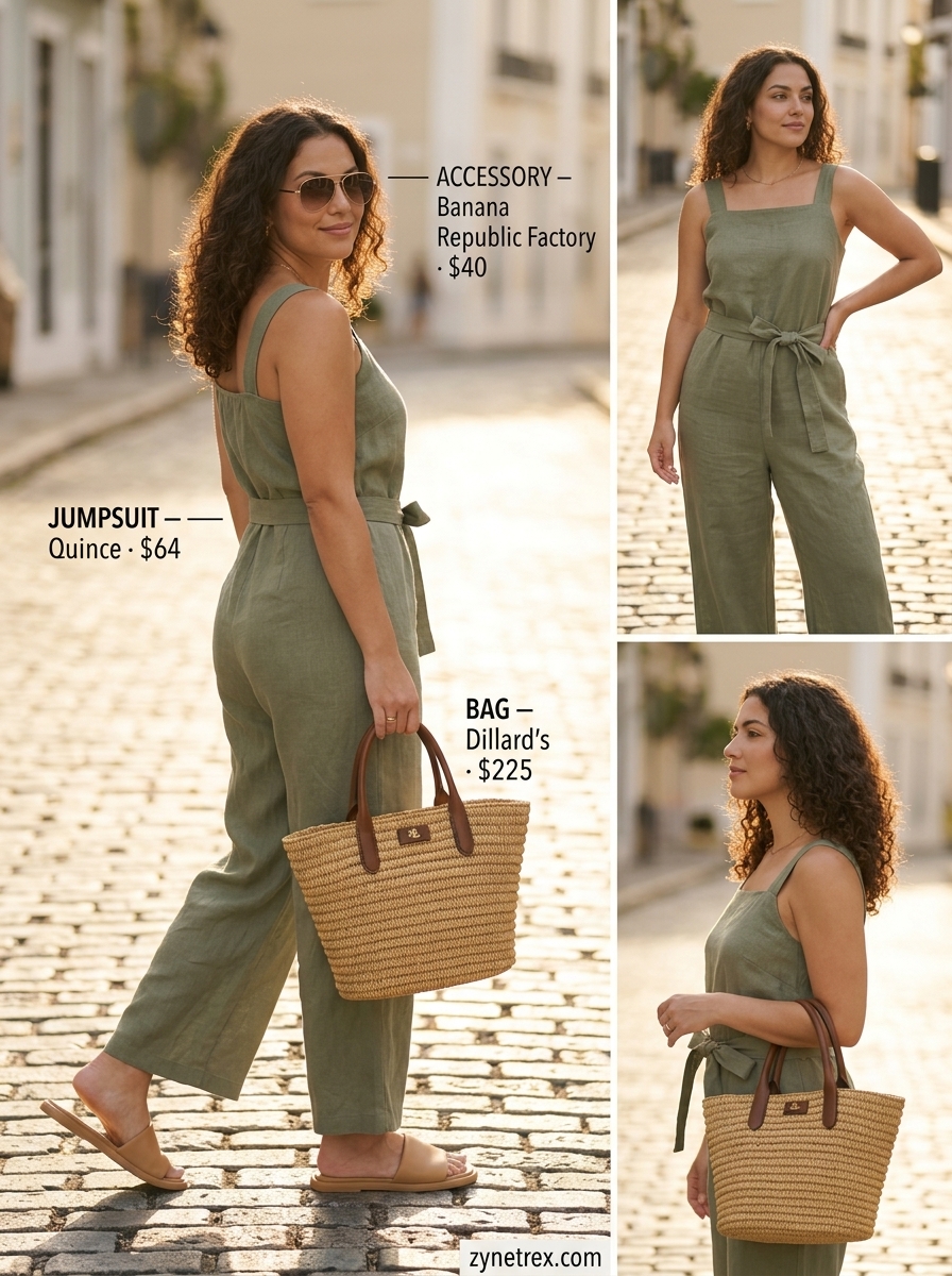 Preppy summer skirt outfits 2026: Sage green linen jumpsuit, tan sandals, straw tote, gold sunglasses.