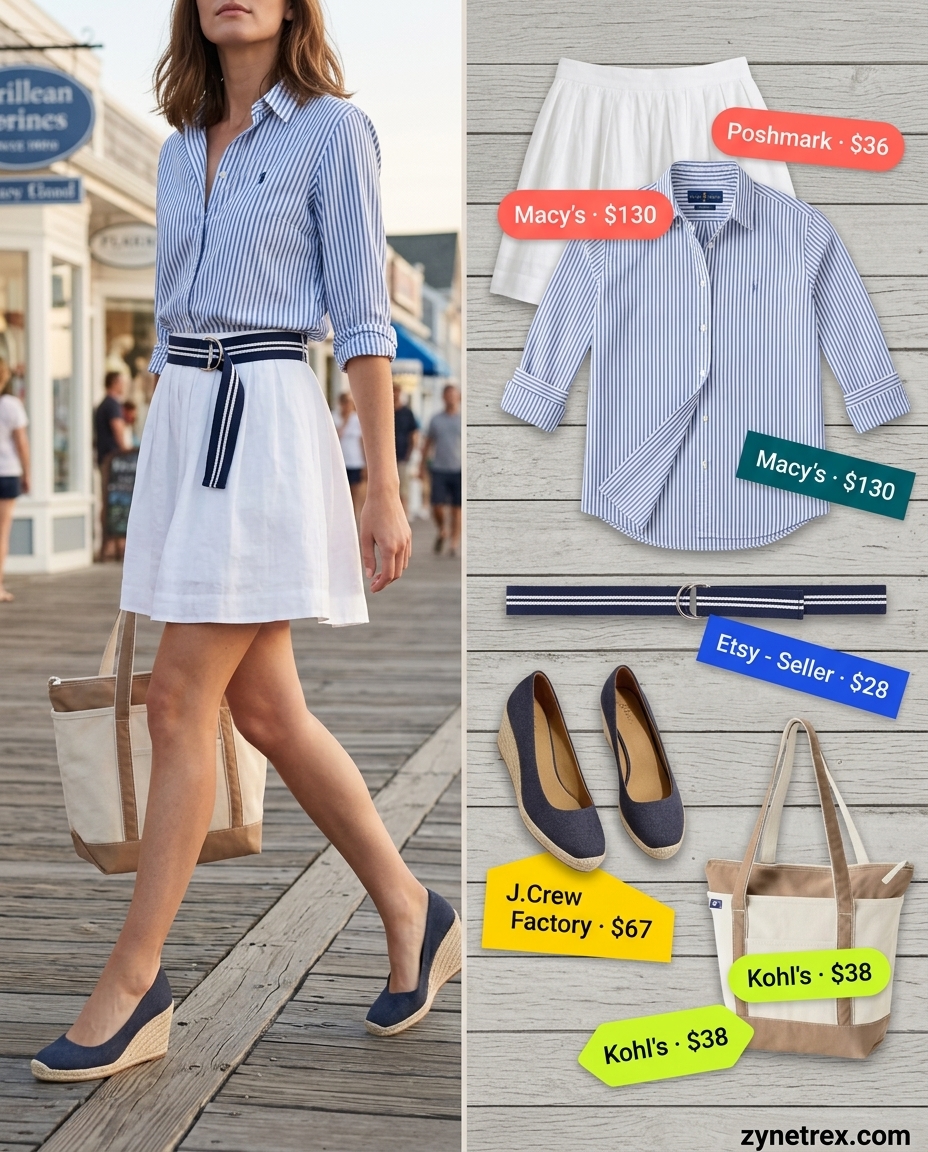Preppy summer skirt outfits 2026: White linen mini skirt, striped button-down, red ribbon belt, canvas espadrilles.