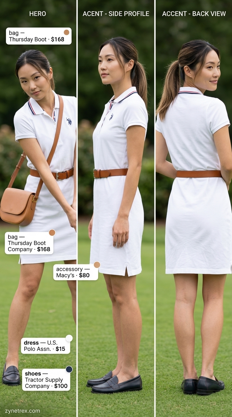 Preppy summer skirt outfits 2026: White polo dress, tan belt, navy loafers, tan crossbody bag.