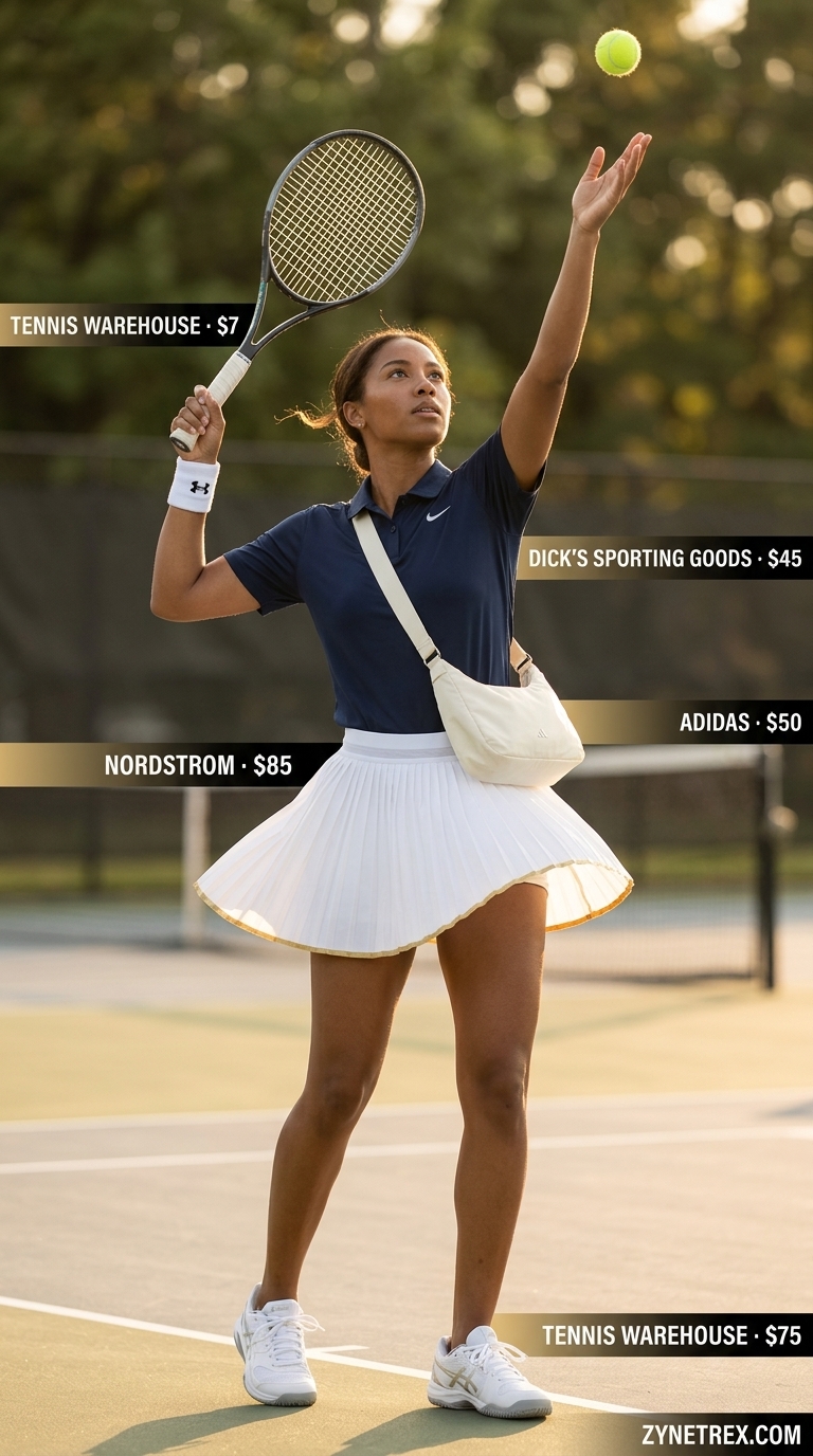 Preppy summer skirt outfits 2026: White tennis skirt, navy polo, sweatband, athletic shoes, white crossbody bag.
