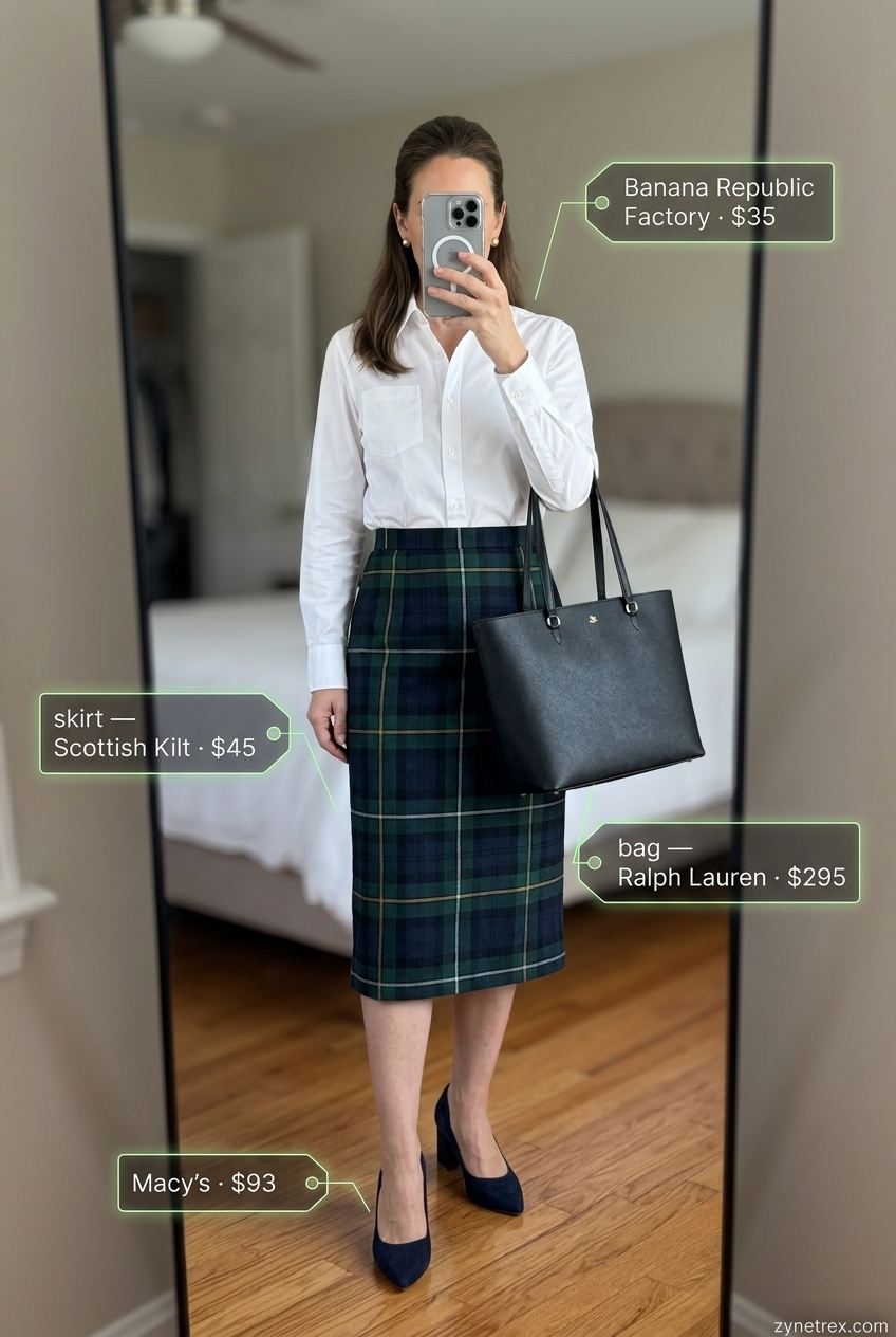 Preppy summer skirt outfits 2026: Green plaid midi skirt, white button-down, navy block heels for business casual.
