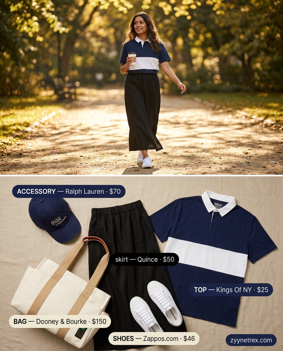 Preppy summer skirt outfits 2026: Striped polo, khaki tote, sneakers for campus cool.