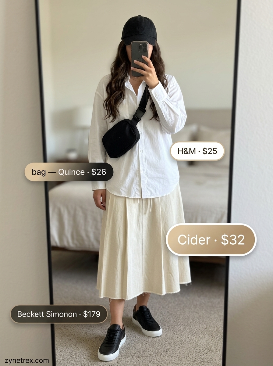 Preppy summer skirt outfits 2026: Beige pleated midi skirt, oversized white shirt, sneakers for city exploration.