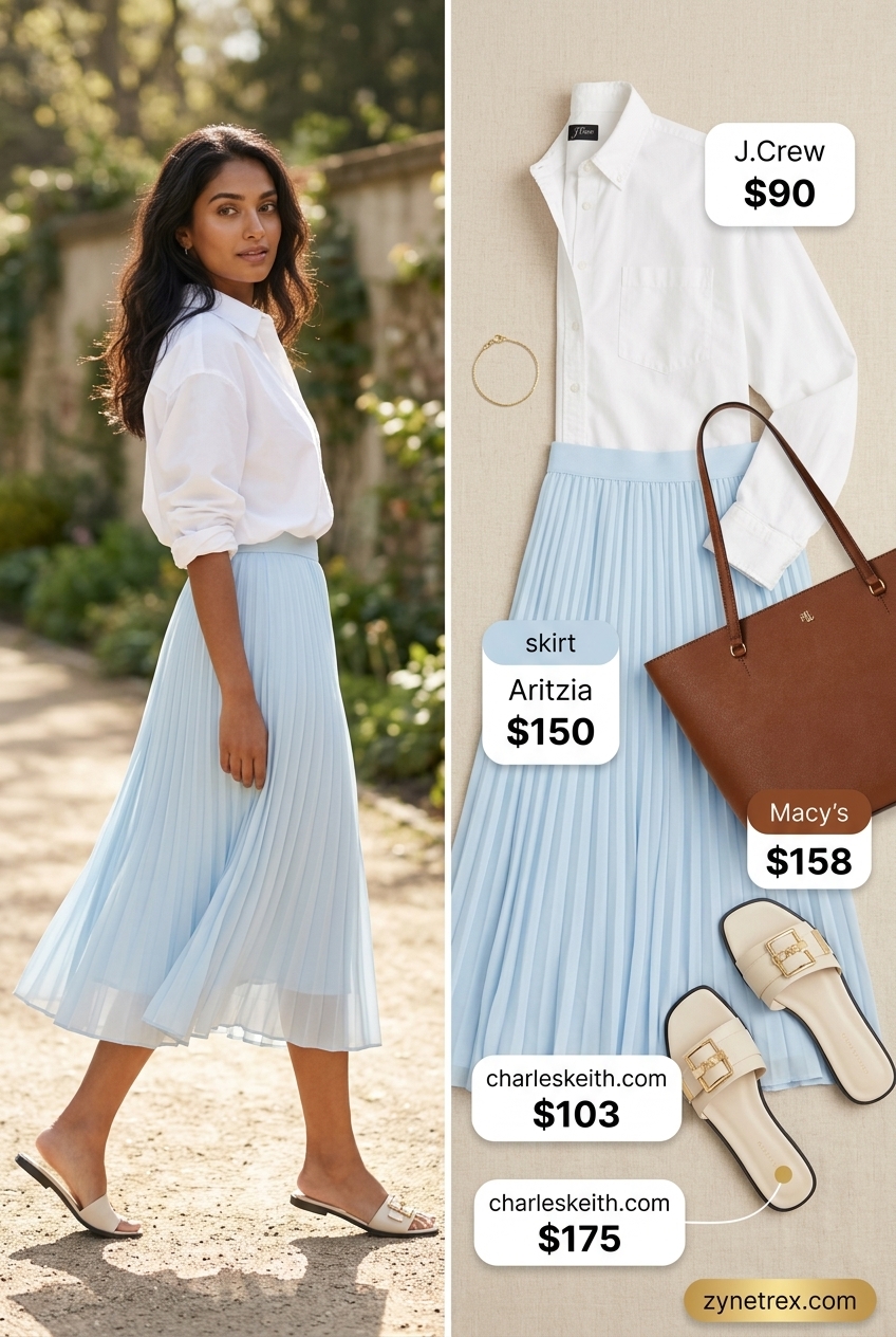 Preppy summer skirt outfits 2026: Pastel blue pleated midi skirt, white oversized shirt, gold bracelet, nude flats.