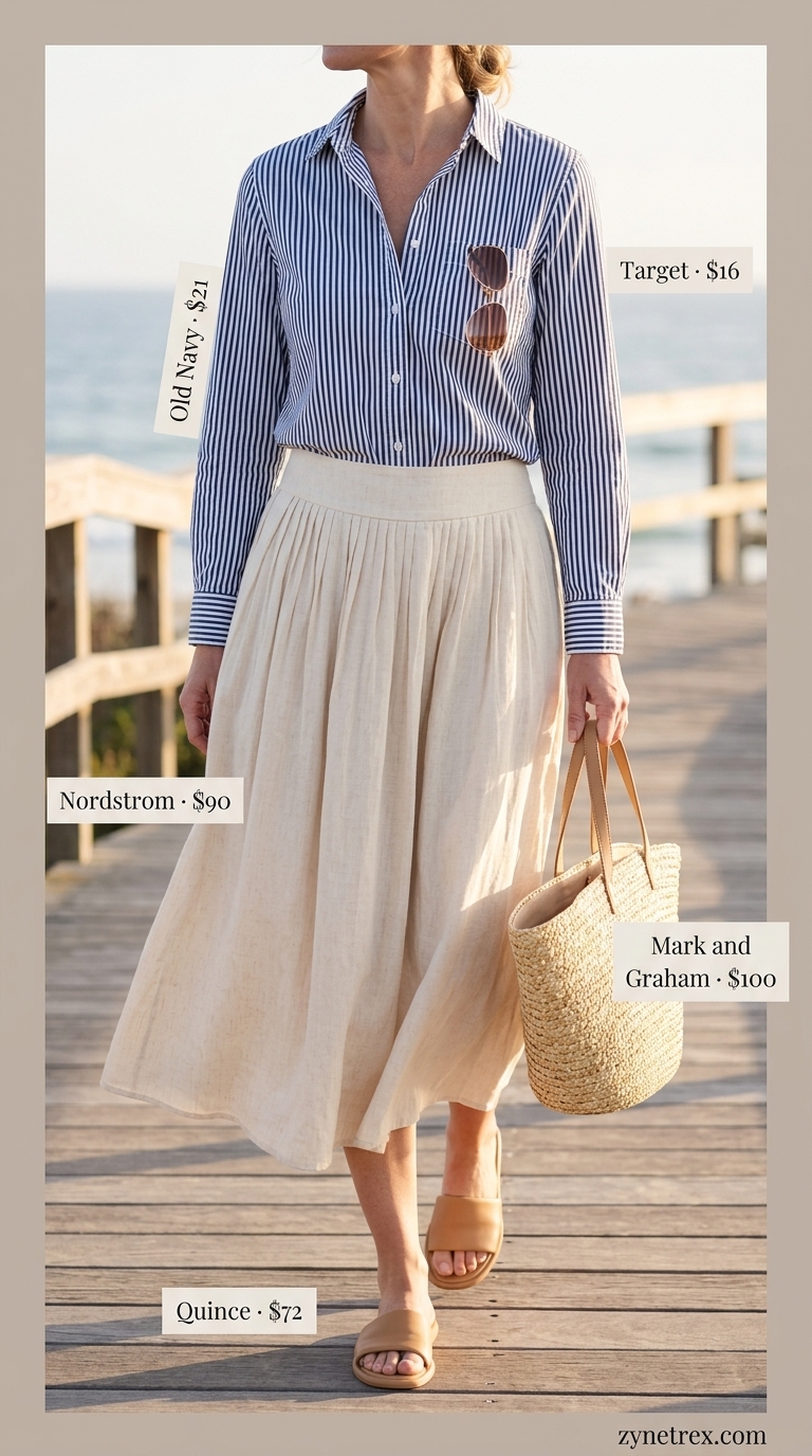 Preppy summer skirt outfits 2026: Cream linen midi skirt, striped button-down, tan slides, straw tote, aviator sunglasses.