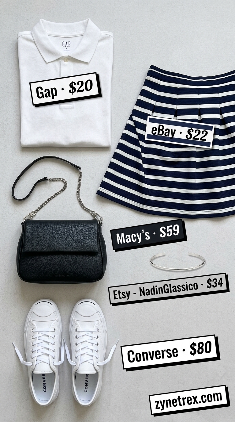 Preppy summer skirt outfits 2026: Navy stripe mini skirt, white polo shirt, sneakers for college campus.
