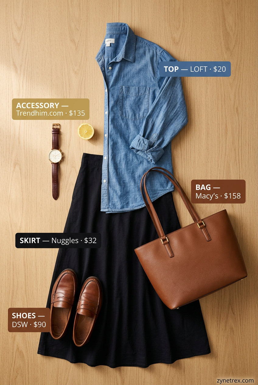 Preppy summer skirt outfits 2026: Light blue chambray shirt, brown loafers for country club casual.