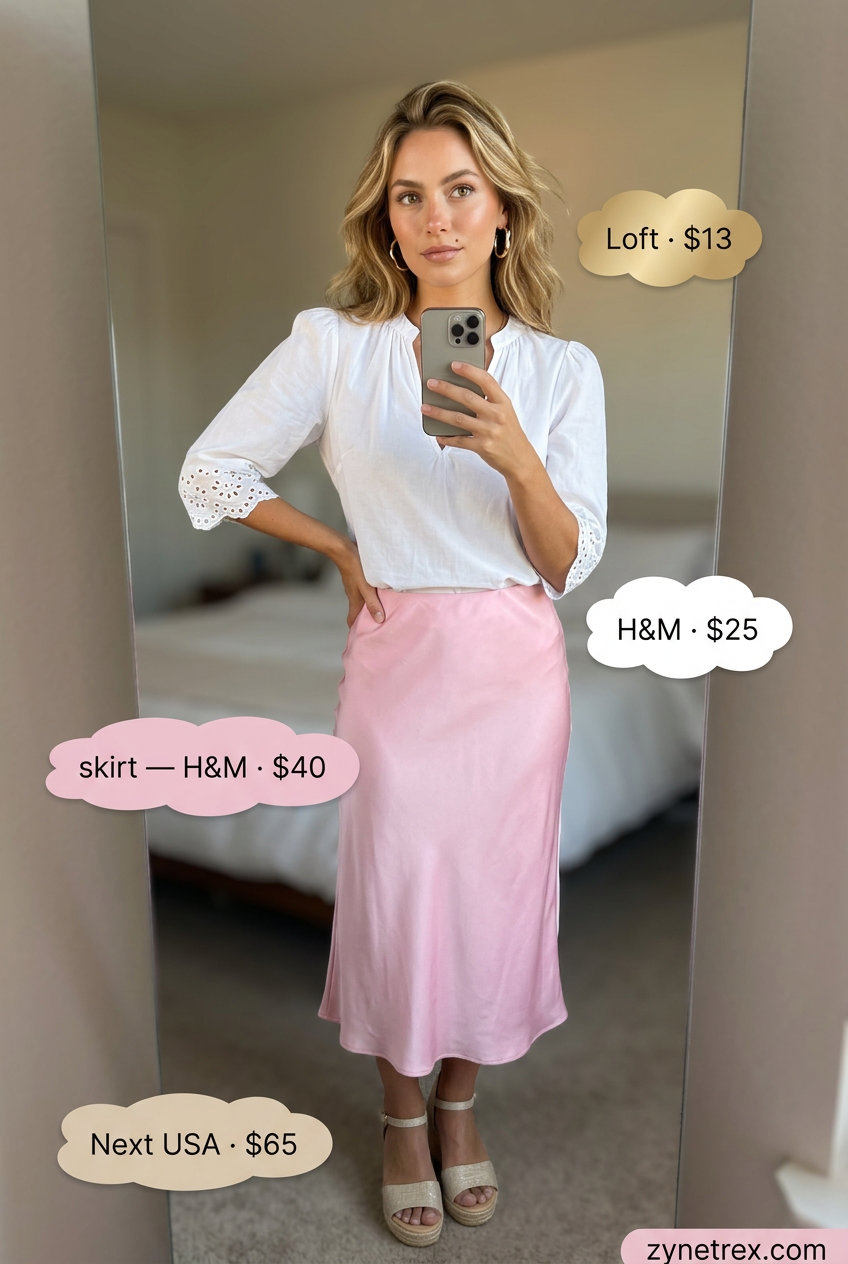 Preppy summer skirt outfits 2026: Pastel pink pleated midi skirt, white eyelet blouse, gold hoops, espadrilles.