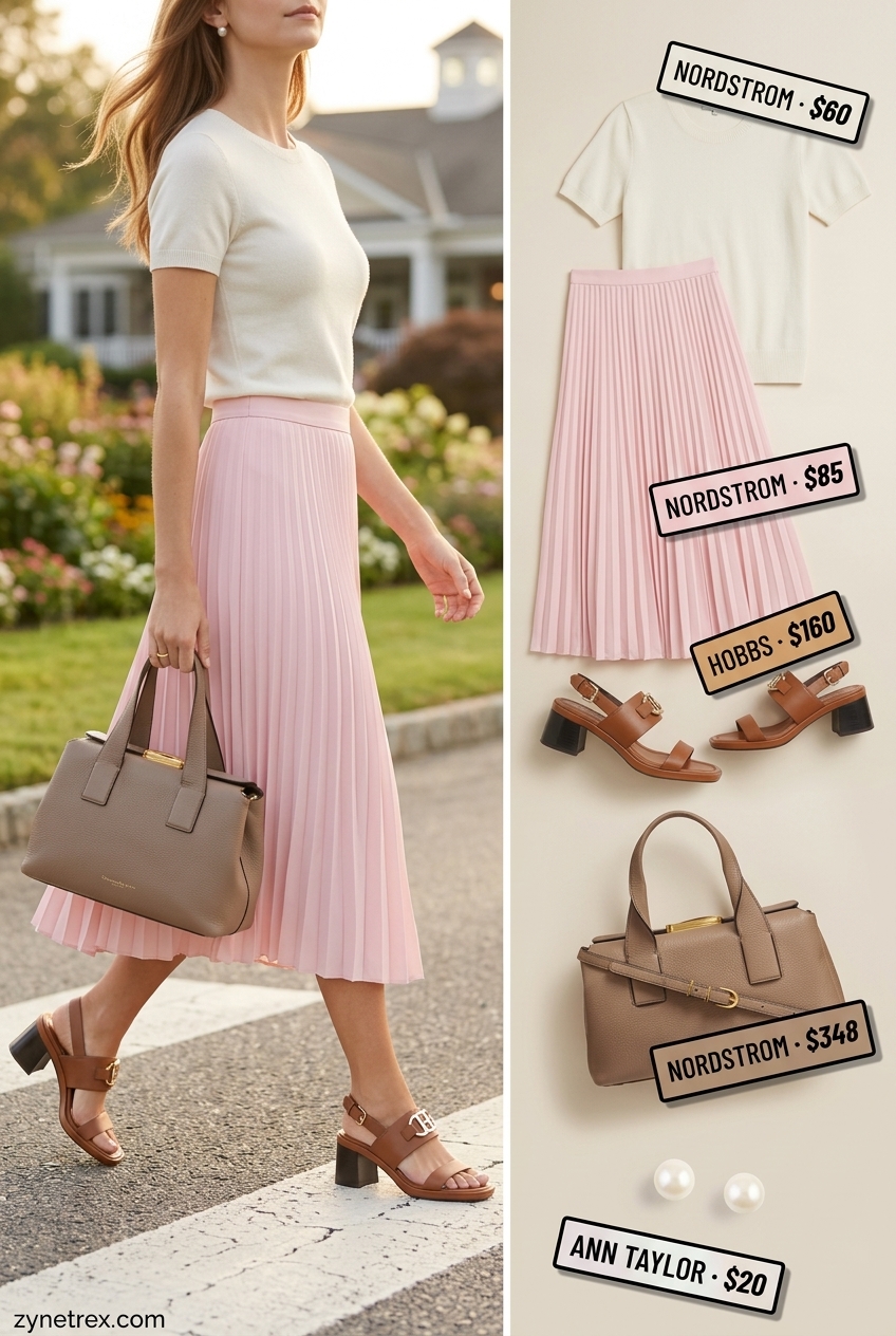 Preppy summer skirt outfits 2026: Pastel pink pleated midi skirt, cream sweater, block heel sandals, pearl earrings.