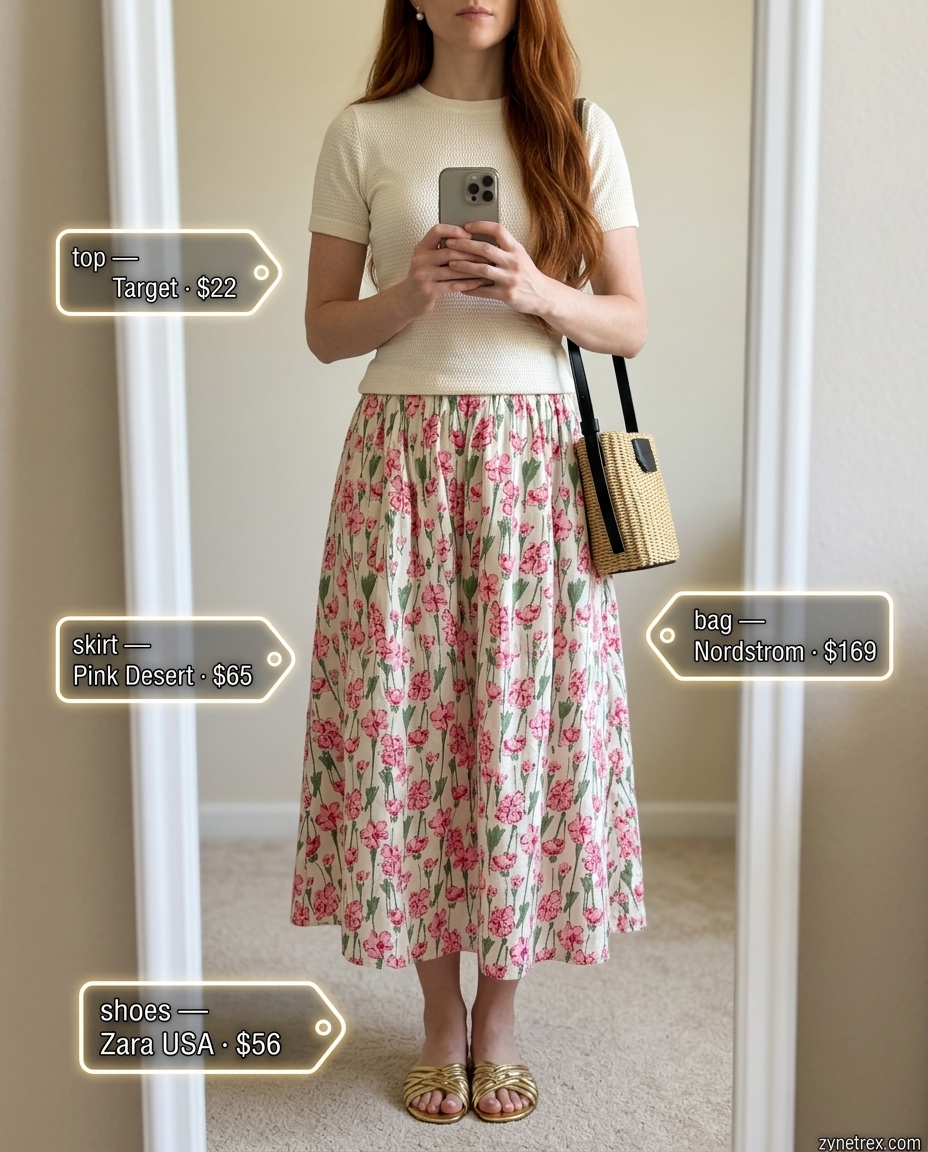 Preppy summer skirt outfits 2026: Pastel pink floral midi skirt, cream knit top, gold sandals for garden party.