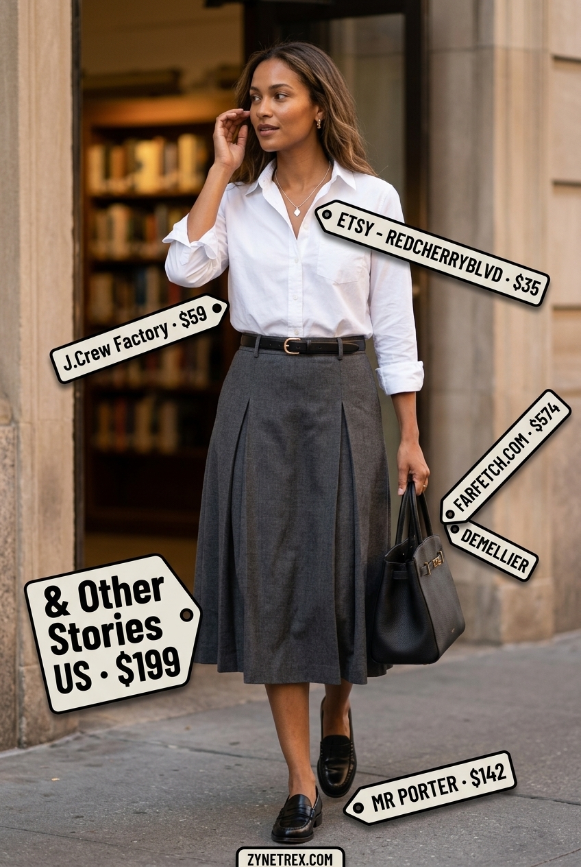 Preppy summer skirt outfits 2026: Charcoal pleated midi skirt, white shirt, loafers for library look.