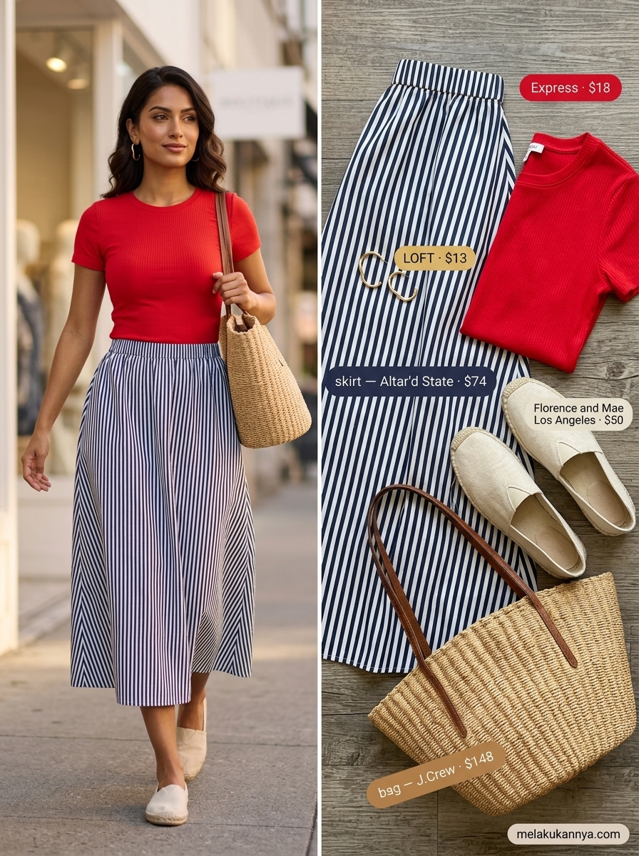 Preppy summer skirt outfits 2026: Striped midi skirt, red top, and espadrilles for a nautical vibe.