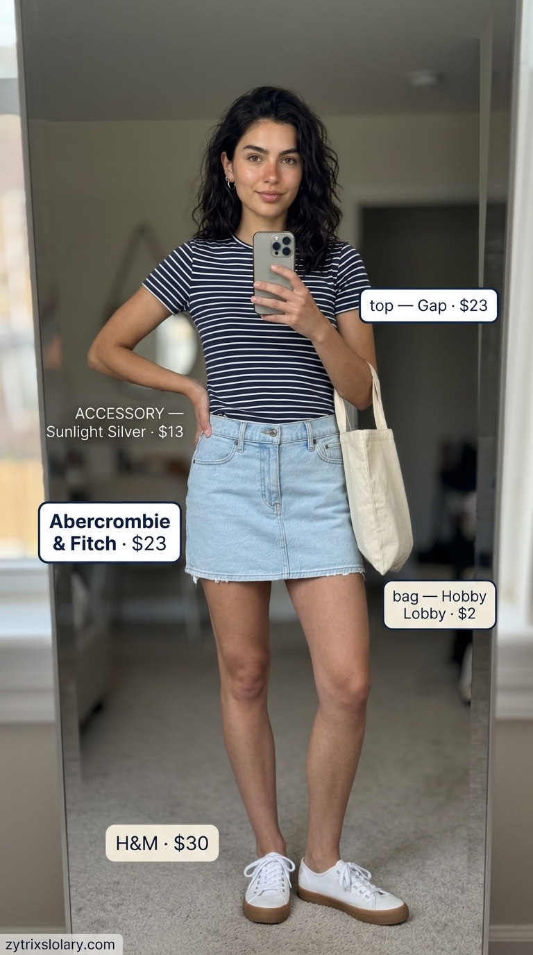 Preppy summer skirt outfits 2026: Denim mini skirt, striped knit top, canvas sneakers for beach town.