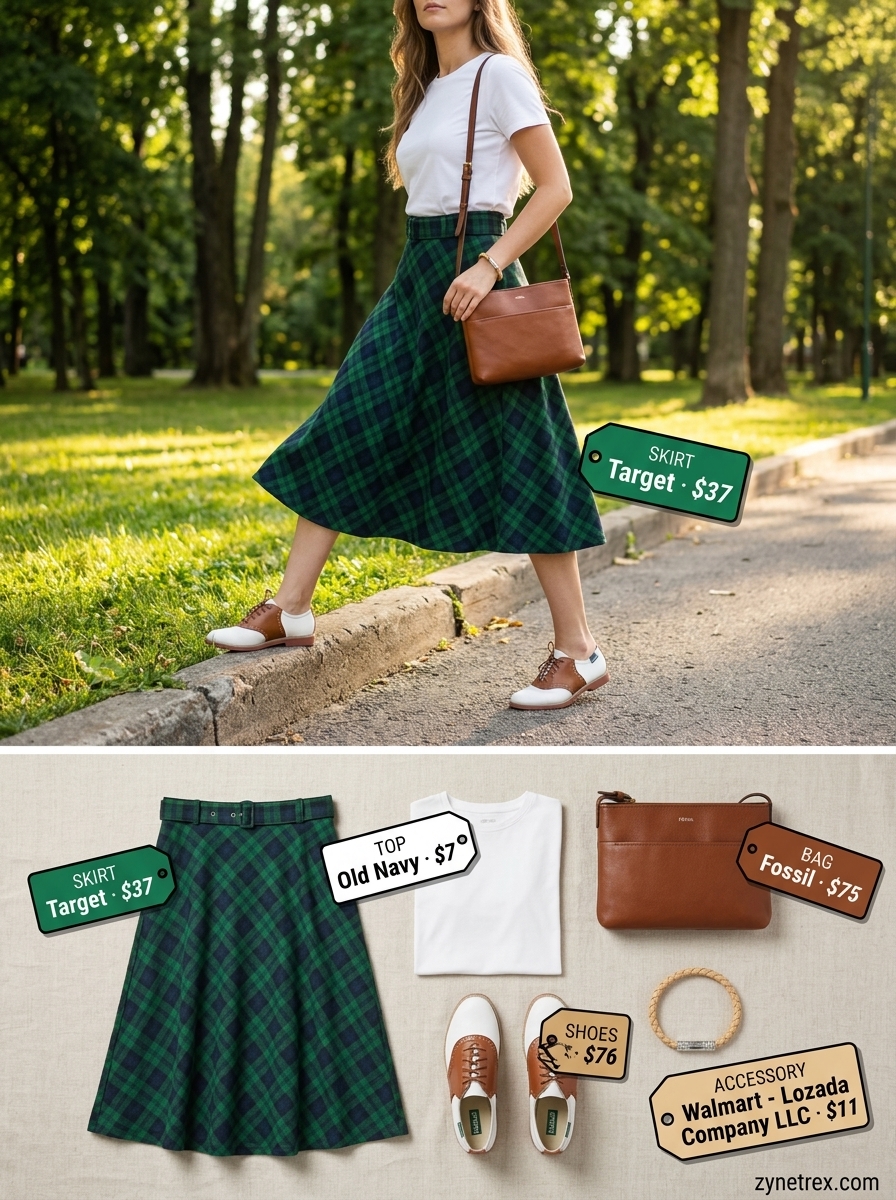 Preppy summer skirt outfits 2026: Green plaid midi skirt, white tee, braided bracelet, crossbody bag, saddle shoes.