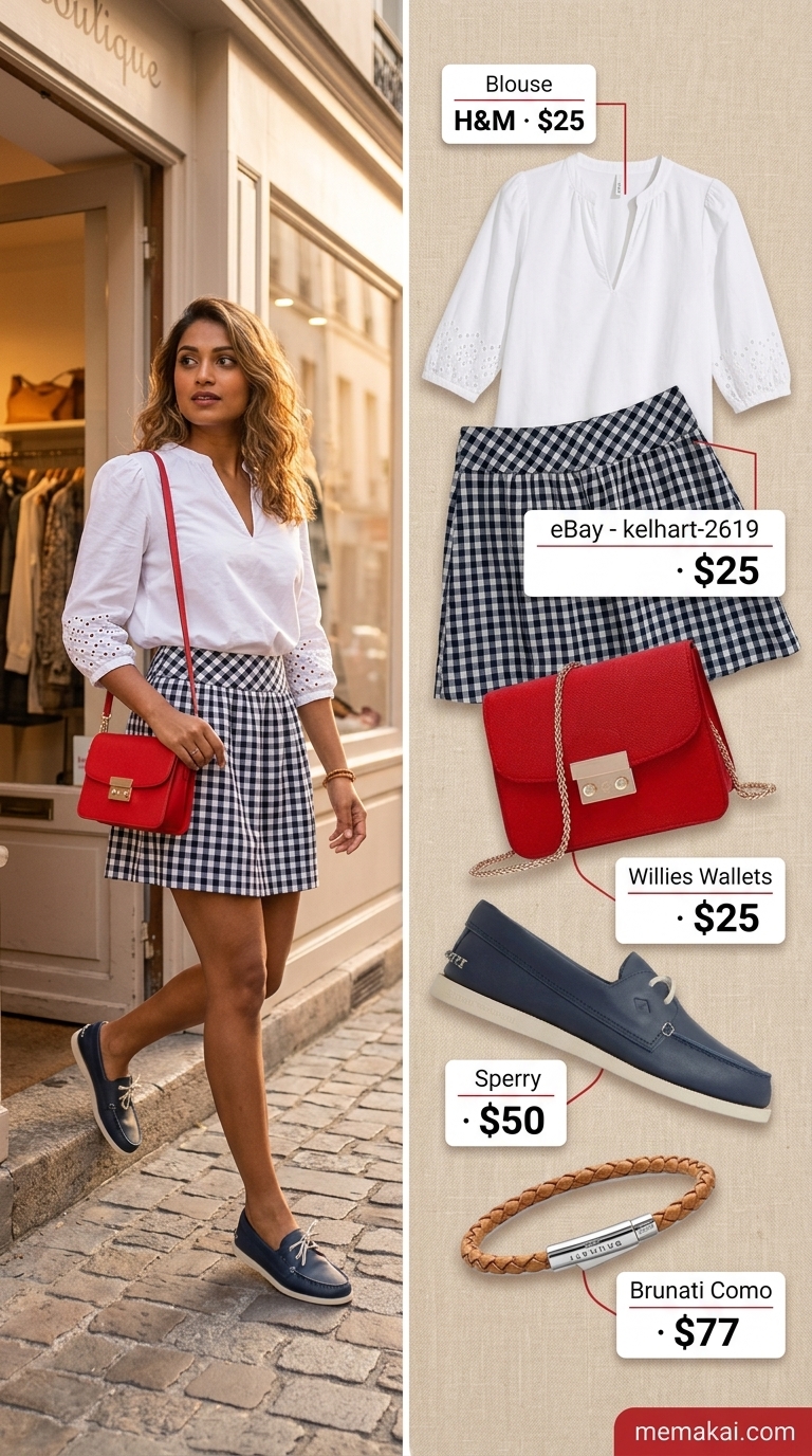 Preppy summer skirt outfits 2026: Gingham mini skirt, white top, boat shoes for a picnic.
