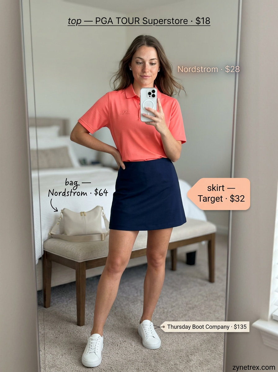 Preppy summer skirt outfits 2026: Navy mini skirt, coral polo, white sneakers for a sporty day.