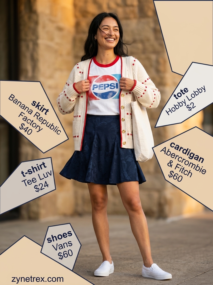 Preppy summer skirt outfits 2026: Navy A-line skirt, graphic tee, and cardigan for a playful school look.