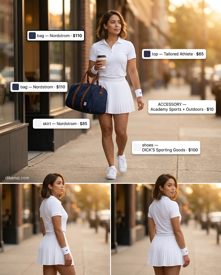 Preppy summer skirt outfits 2026: White pleated tennis skirt, navy polo, and canvas duffel for a sporty day.