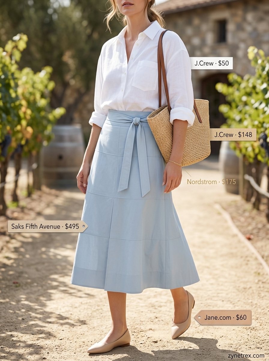 Preppy summer skirt outfits 2026: Pale blue linen midi skirt, white linen shirt, gold bracelet, beige ballet flats.