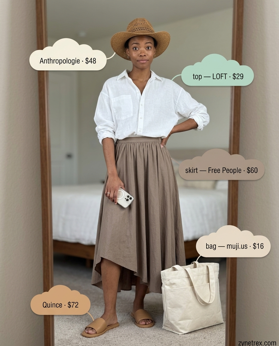 Preppy summer skirt outfits 2026: Khaki A-line skirt, oversized linen shirt, straw hat for weekend errands.