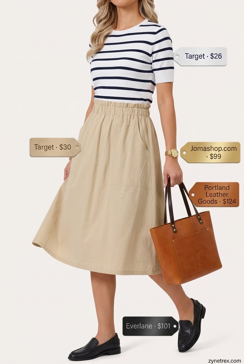 Preppy summer skirt outfits 2026: Khaki A-line skirt, striped knit top, leather loafers for weekend trip.