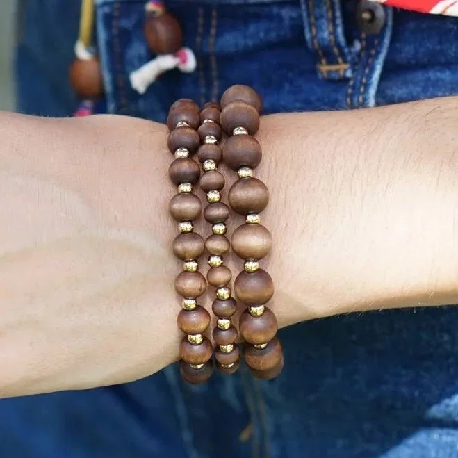 accessory 18K Gold Beaded Wood Stretch Bracelets (Set of 3) Canvas Style $36