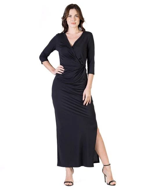 dress 24seven Comfort Apparel Petite Fitted V-Neck Side Slit Maxi Dress Nordstrom $38.98