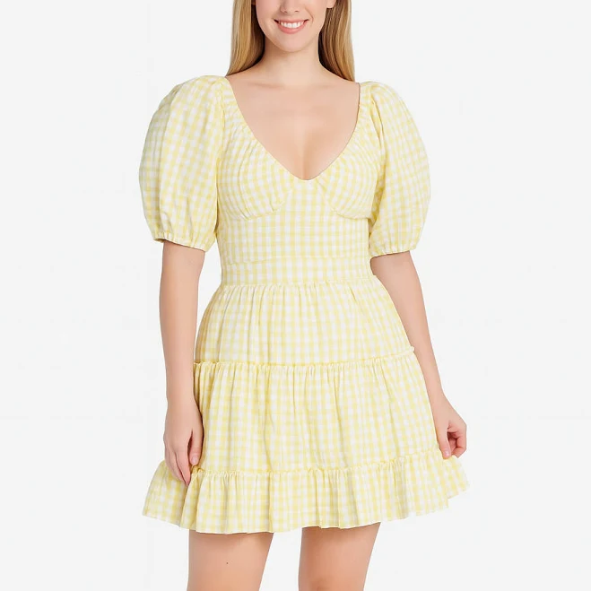 dress And Now This Tiered Puff-sleeve Mini Dress Yellow Gingham Size S eBay - heathers_menagerie $24