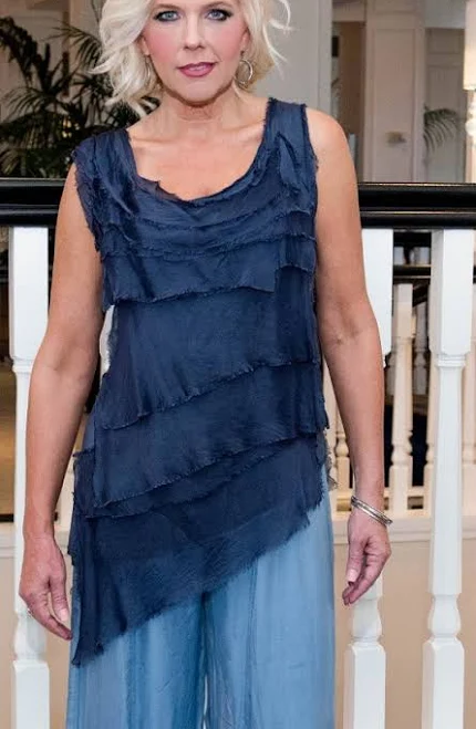 sleeveless top Arianna Silk Ruffle Top dollymamainc.com $98