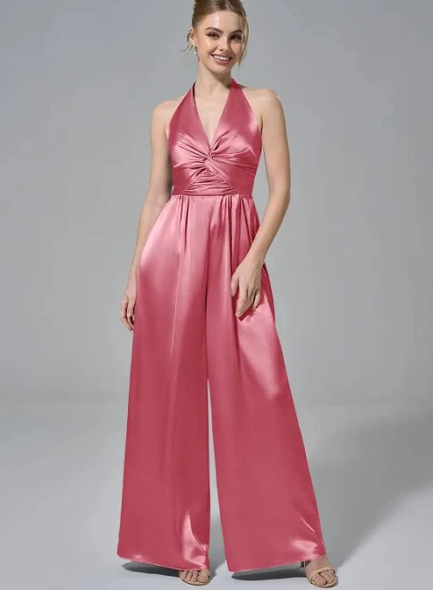 jumpsuit AW.Bridal Bridesmaid Dresses Satin Jumpsuit Halter Neckline Floor Length Sleeveless Dress AW Bridal $89.99