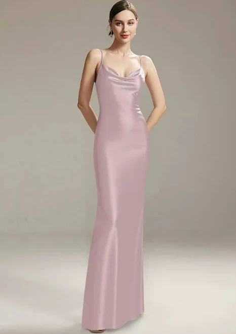 dress AW.Bridal Mermaid Cowl Neckline Floor Length Sleeveless Spaghetti Straps Satin Bridesmaid Dresses Dress AW Bridal $89.99