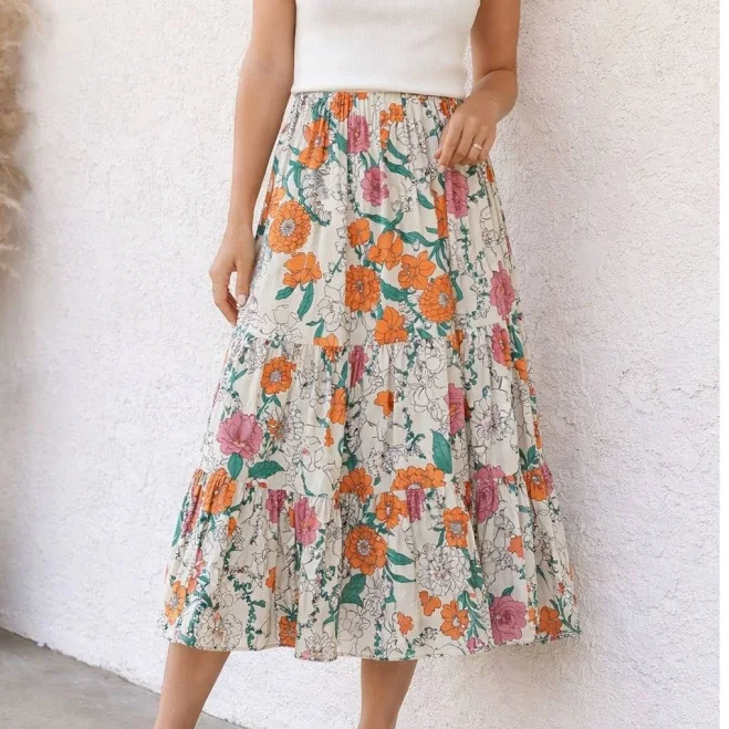 skirt Baelvy Women's Floral Tiered Maxi Skirt Cream Orange Pink Green Size M eBay - cyjo97 $21.25