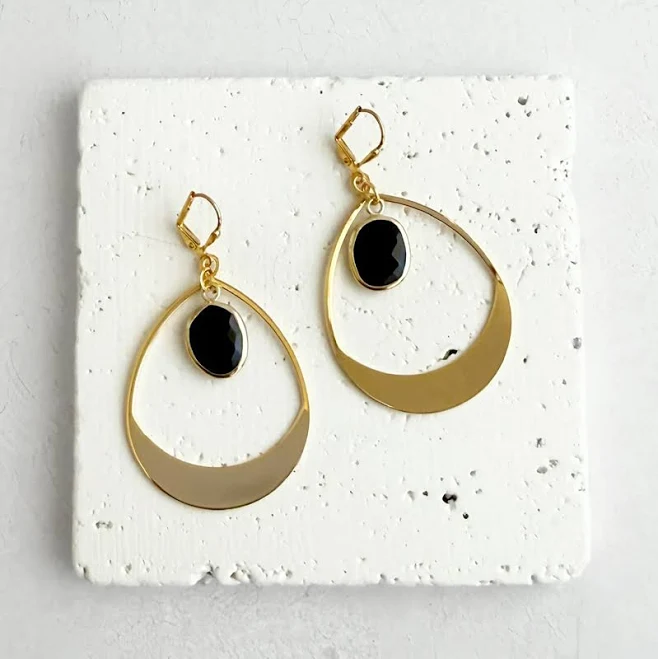 accessory Black Gold Teardrop Black Onyx Dangle Earrings RusticGemJewelry $36
